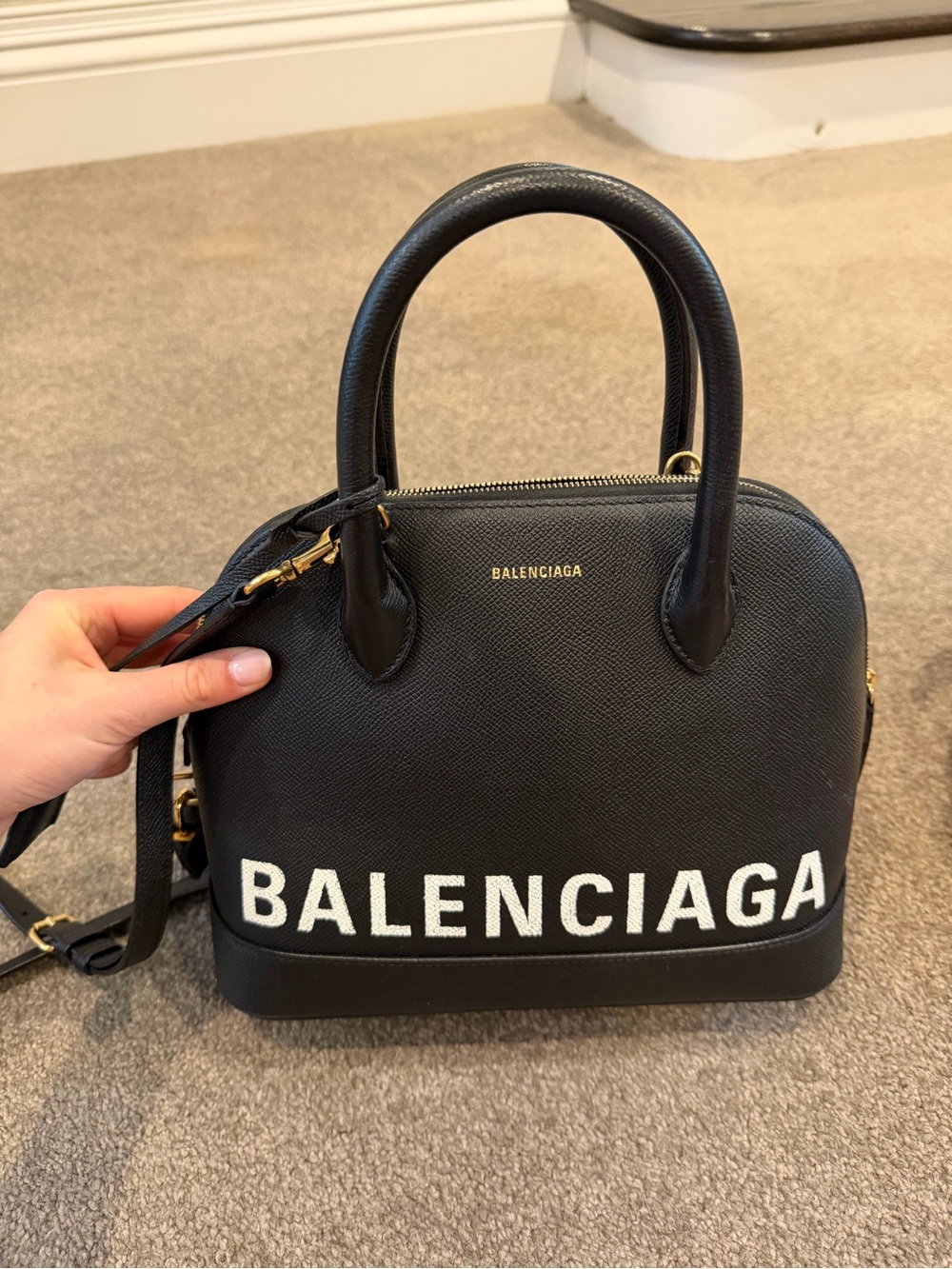 Balenciaga Black Leather Logo Dome Crossbody